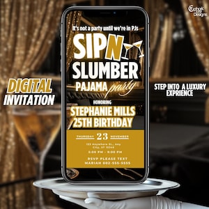 Digital Pajama Party Invitation, Gold Animated PJ Party Sip N Slumber, DIY Sleepover Invite, Adult Glam Girls Night In Dinner Template