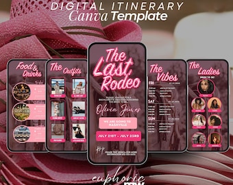 Bachelorette Nashville Weekend Itinerary theme Last Rodeo, Travel Template, Disco pink space cowgirl, Party trip planner, getaway vacation