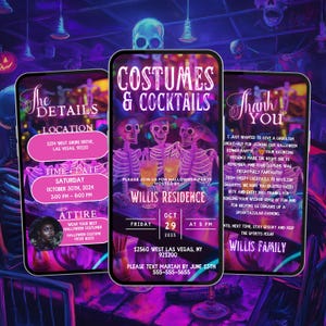Costumes drôles et cocktails Invitation à une fête d&#39;Halloween, modèle numérique néon modifiable pour une soirée effrayante, itinéraire en téléchargement immédiat
