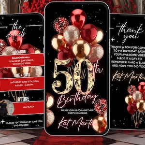 Op de afbeelding: Een zwarte en gouden uitnodiging voor een 50e verjaardagsfeest met rode en gouden ballonnen. De uitnodiging bevat de details van het feest, inclusief de locatie, tijd, datum en kleding. De tekst op de uitnodiging luidt: "The details", "Location", "Ballroom Hall", "1234 West Elm Street, San Diego 55555", "Time + Date", "Saturday June 15th, 2024", "4:00 PM - 6:00 PM", "Attire", "All Black", "Please text Mariah by June 13th", "(111)-555-8888", "50th Birthday", "Please join us for a birthday party honouring", "Kat Martin", "Thank you", "Thanks a ton for coming to my birthday bash! Your awesome vibes made it a day to remember. I had a blast and hope you did too!", "Kat Martin".