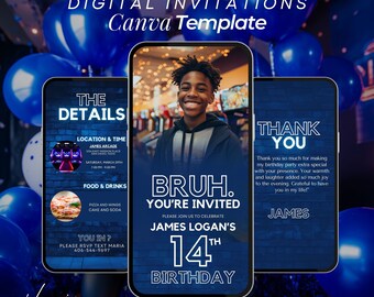 14th Birthday, 14th Evite , 14th Party Invite, Boys 14th Birthday, Neon Blue Party Invitation, Video Games, Pizza Party, Teen Party For Boys