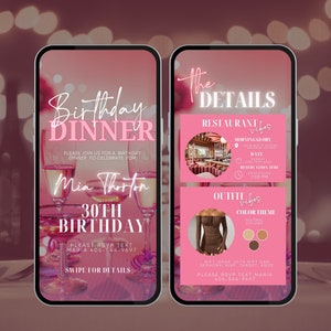 Op de afbeelding: Een roze en witte digitale uitnodiging voor een 30e verjaardags diner. De uitnodiging bevat de tekst "Birthday Dinner", "Mia Thornton", "30th Birthday" en "Please RSVP Text Maria 406-544-9697". De uitnodiging bevat ook een foto van een restaurant en een foto van een bruine, off-shoulder jurk.