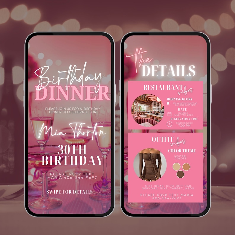 Op de afbeelding: Een roze en witte digitale uitnodiging voor een 30e verjaardags diner. De uitnodiging bevat de tekst "Birthday Dinner", "Mia Thornton", "30th Birthday" en "Please RSVP Text Maria 406-544-9697". De uitnodiging bevat ook een foto van een restaurant en een foto van een bruine, off-shoulder jurk.