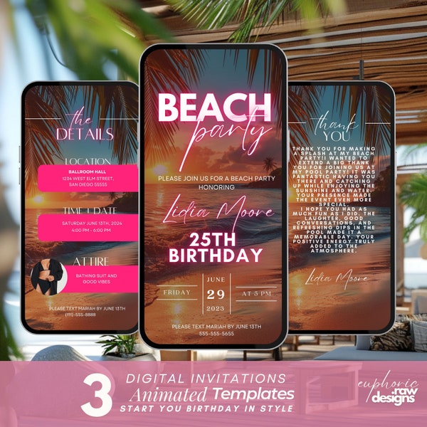 Invitation fête d'anniversaire à la plage, ambiance estivale numérique, modèle d'itinéraire pour un feu de camp à la plage, Evite tropicale, Evite de dîner modifiable pour femme