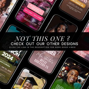 May include: A collage of phone screen mockups showcasing different event invitation designs. The designs feature various themes, including a birthday party, a graduation celebration, and a trip to Las Vegas. The text on the invitations includes details about the event, such as the date, time, and location.