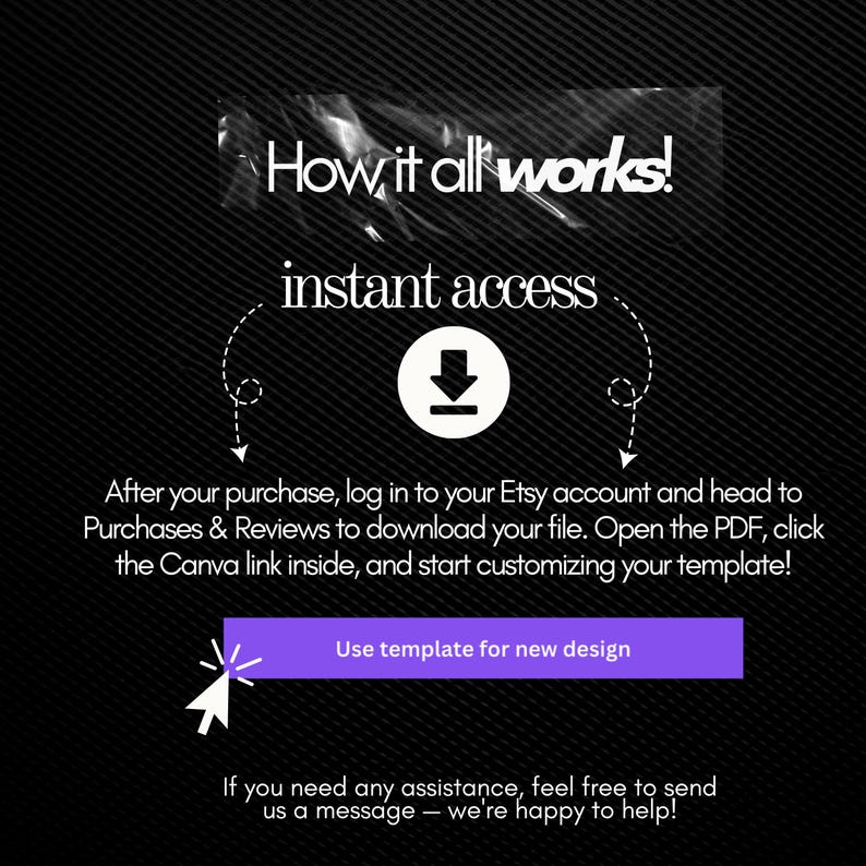 May include: Black background with white text that reads "How it all works!" and "instant access." Instructions are provided on how to download and customize a template. A purple button says "Use template for new design."