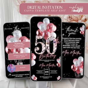 50th Birthday Party Invitation, Rose Gold Pink Digital 50th Glam Dinner Invite Template, Diamond Video Editable Brunch Itinerary