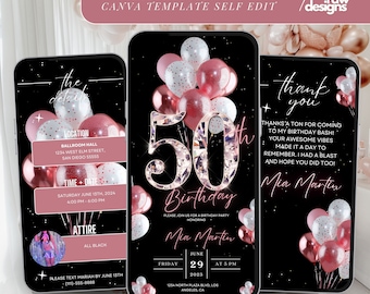 50th Birthday Invitation, Rose Gold Glam Birthday Party Invite, Elegant Dinner Celebration, Milestone Birthday Template, Canval Download