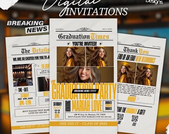 Gold Newspaper Graduation Party Invitation, Editable Digital Template, Save the date High School Invite Grad Announcements, Class of 2025
