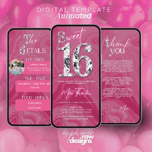 Invitación digital del dulce cumpleaños número 16, invitación electrónica a la fiesta de cumpleaños número 16, texto de diamante floral Evite, itinerario de cumpleaños, tarjeta de agradecimiento