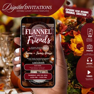 May include: A mobile phone screen shows a digital invitation for a "Flannel and Friends" dinner party. The invitation includes the date, time, and location in San Diego, CA. The design incorporates burgundy accents and decorative elements, with icons for PDF, photo, music, and video.