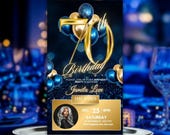 70th Birthday Invitation, Blue Gold Animated Evite, 70th Birthday Party Invite, Editable Itinerary Template, Mobile Video Invite