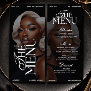 Luxury Birthday Dinner Menu Template, Glam Girl Modern Editable Printable Brunch Bar Decor, Elegant Party Menu, Instant Download