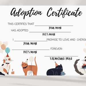 Editable Adoption Certificate | Kitty Cat Party| Printable Party Favors | Instant Download| Pet Birthday | Pet Party