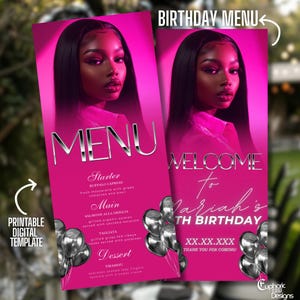 Digital Birthday Menu, Pink Silver Canva Menu Template, Editable Event Menu, Printable Dinner Table Decor for Birthday Celebrations