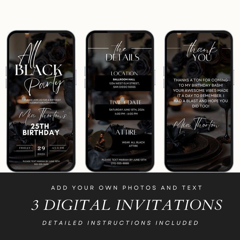 Inbjudan till All Black-födelsedagsfest, födelsedagsmiddag, födelsedagsbrunch, digital All Black-affärsmall, redigerbar inbjudan till formell klädsel bild 2