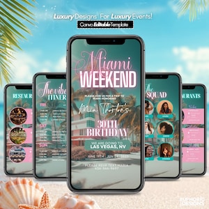 May include: Several smartphones showcasing a Miami-themed invitation for a 30th birthday. The design features the text "Miami Weekend," event details, and the phrase "Luxury Designs For Luxury Events! Canva Editable Template."