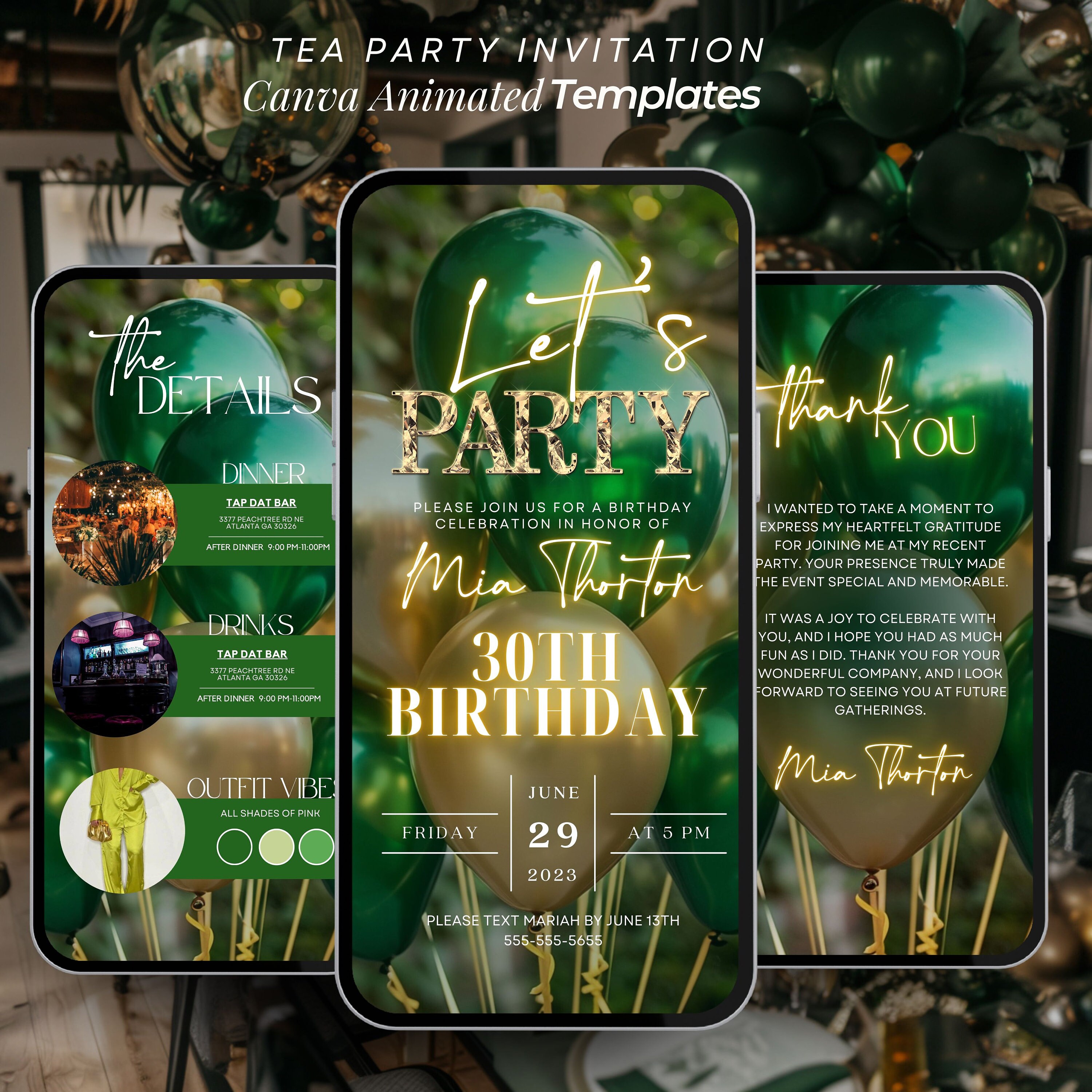 Green Gold Birthday Party Invitation, Digital Dinner Evite, Balloons Electronic Birthday Invite, Editable Template, Text Itinerary