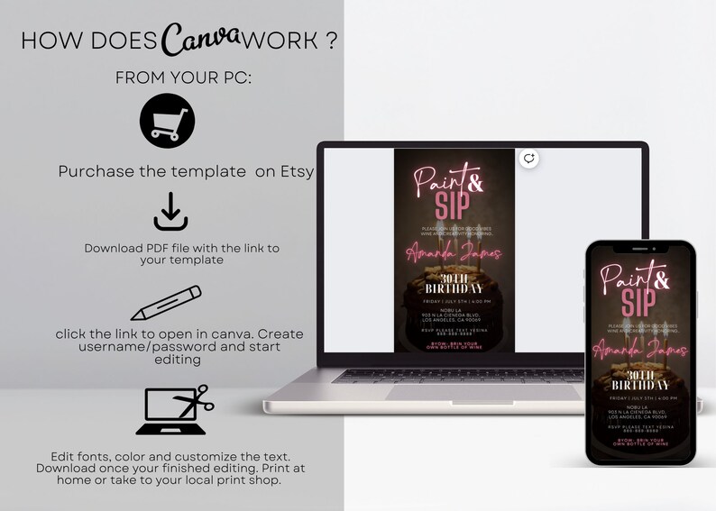 May include: A digital invitation design for a "Paint & Sip" 30th birthday party, displayed on a laptop and smartphone. The design features a dark background with pink text, a cake graphic, and event details. Instructions on how to use the template are also shown.