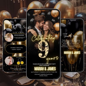 Invitación del noveno aniversario, itinerario de fiesta, plantilla de oro negro, aniversario de oro de boda, todavía lo hacemos, renovación de voto sorpresa Evite