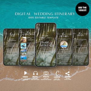 May include: A digital wedding itinerary template with a tropical theme. The template is divided into five sections: Thank You, Attractions, Wedding Weekend, Details, and Events. Each section has a different background image and text. The template is 100% editable and can be used to create a custom wedding itinerary.