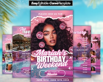 Puede incluir: Una plantilla promocional para un evento de lujo, con un retrato de mujer y el texto "Mariah's Birthday Weekend". El diseño incluye tonos rosas y morados, con paneles adicionales que detallan información de viaje e itinerario. La plantilla se describe como "Easy Editable Canva Template".