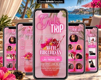 May include: A digital template for a 30th birthday trip to Las Vegas, displayed on five smartphones. The pink-themed design features a cocktail graphic, event itinerary, guest photos, and text including Girl's Trip, Mia Thorton's 30th Birthday, and June 19th-24th, 2023.