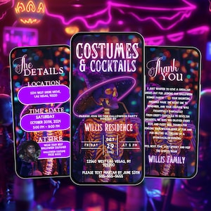 Faire-part d&#39;Halloween drôle de costumes et de cocktails, modèle numérique éditable pour inviter pour Spooky Bash, itinéraire en téléchargement immédiat