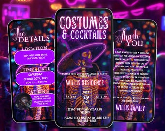 Uitnodiging voor Halloween-feest grappige kostuums en cocktails, bewerkbare digitale sjabloon nodigt uit voor Spooky Bash, routebeschrijving voor directe download