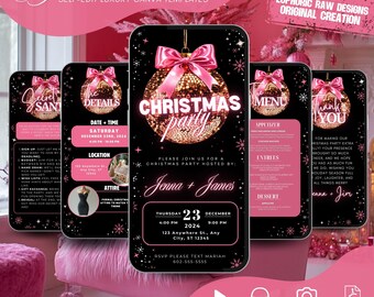 May include: A digital Christmas party invitation template displayed on five smartphones. The design features a black background with pink accents, a gold sequined ornament, and the text "Christmas Party." The invitation includes event details and RSVP information.
