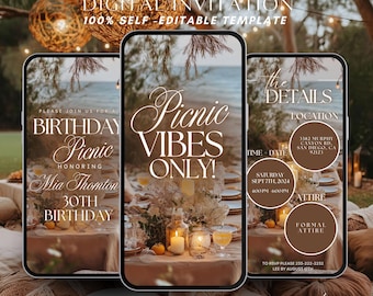 Animated Birthday Picnic Vibes Invitation Template, Digital Brunch Beach Park Picnic Party Evite, Summer Tea-Party Editable Text Invite
