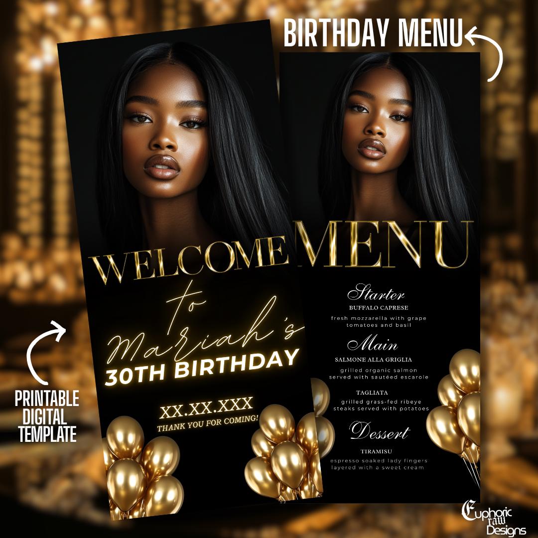 Customizable Digital Birthday Menu, Black and Gold Canva Template, Dinner Table Decor, Editable Event Menu for Birthday Celebrations