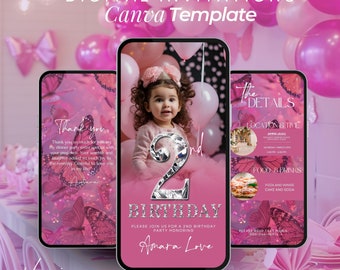Butterfly 2nd Birthday Invitation: Pink Animated Princess Party (Editable Canva Template)