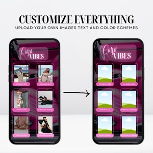 K&ouml;nnte beinhalten: Smartphone-App-Oberfl&auml;che mit dem Text "CUSTOMIZE EVERYTHING". Die App "Outfit Vibes" erm&ouml;glicht das Hochladen von Bildern und die Anpassung von Text und Farbschemata. Outfit-Kategorien sind "Bathing Suit" und "Little Black Dress".