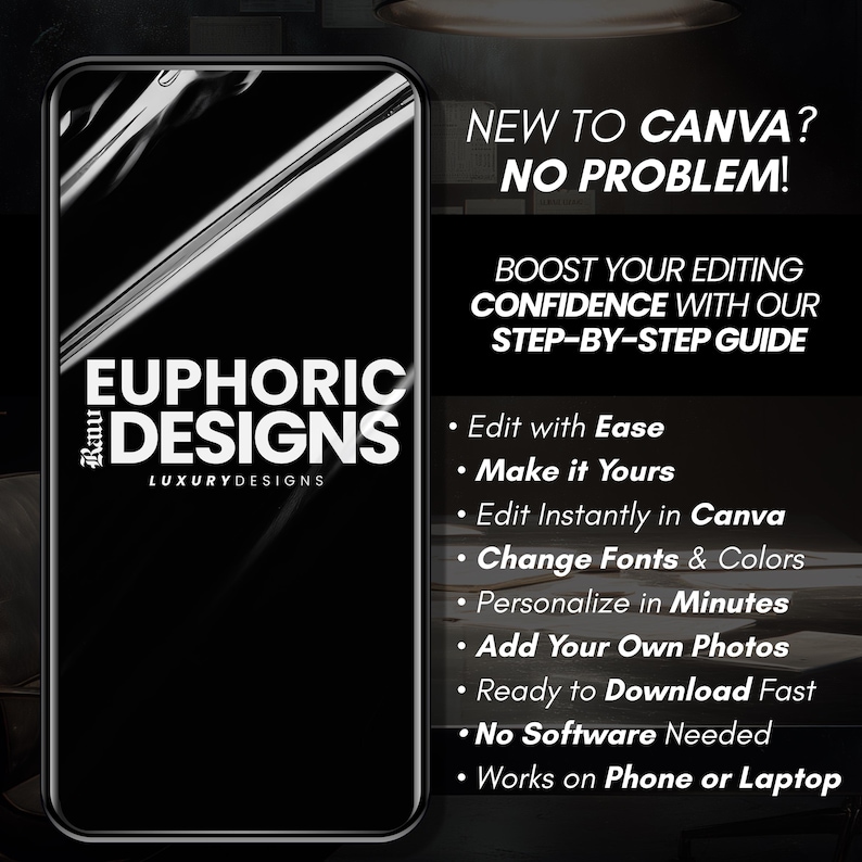 May include: Black graphic with the text "EUPHORIC DESIGNS LUXURYDESIGNS" on a smartphone screen. The image also includes the text "NEW TO CANVA? NO PROBLEM!" and a list of features, including editing ease and instant Canva editing.