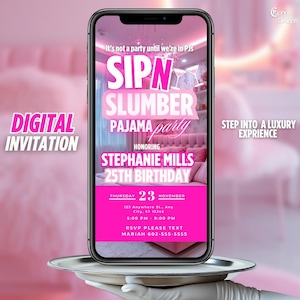 Elegant Pink Digital Pajama Party Invitation, Animated PJ Party Sip N Slumber, DIY Sleepover Invite, Adult Glam Girls’ Night, Template