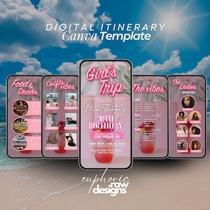 Puede incluir: Un itinerario digital para un viaje de chicas a Las Vegas, Nevada, para celebrar el 30 cumplea&ntilde;os de Mia Thorton. El itinerario incluye una lista de actividades, atuendos, comida y bebidas, y las mujeres que asisten al viaje. El itinerario est&aacute; dise&ntilde;ado en un esquema de color rosa y blanco con un tema tropical.