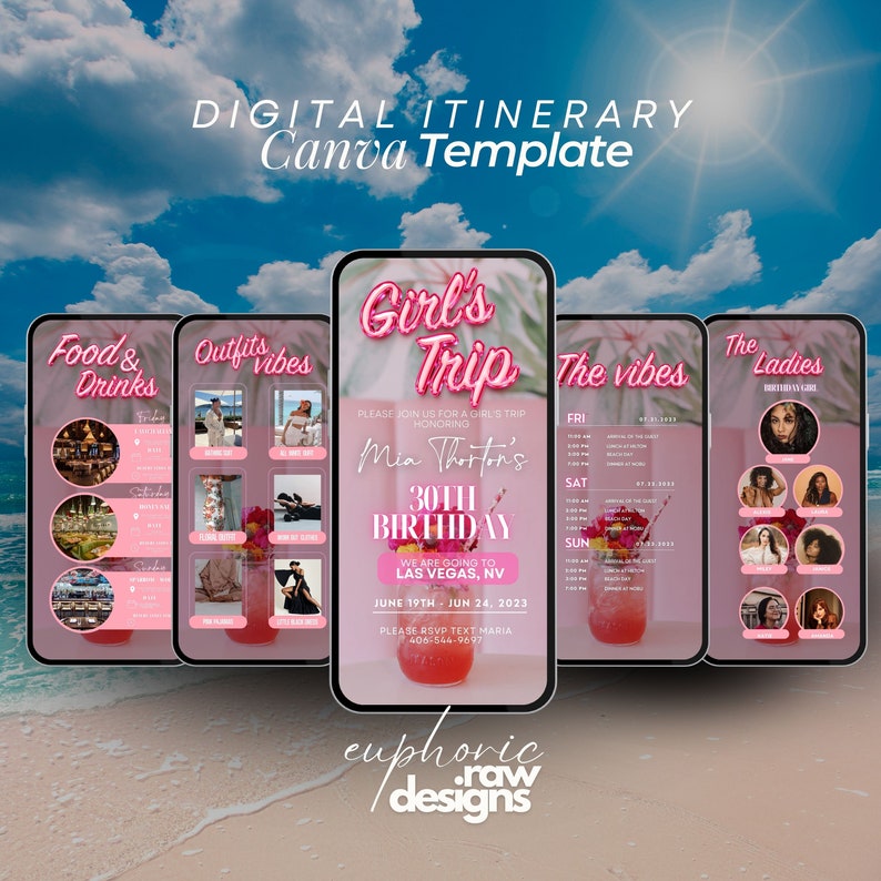 Puede incluir: Un itinerario digital para un viaje de chicas a Las Vegas, Nevada, para celebrar el 30 cumplea&ntilde;os de Mia Thorton. El itinerario incluye una lista de actividades, atuendos, comida y bebidas, y las mujeres que asisten al viaje. El itinerario est&aacute; dise&ntilde;ado en un esquema de color rosa y blanco con un tema tropical.