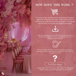 May include: A pink and white floral backdrop with a table set for a wedding reception. Text on the image explains how to access and edit a digital download. The text includes the words "How Does This Work?", "Purchase and Reviews", "Canva", "Edit fonts, colors, and text", "Need help editing?", and "Message Seller".