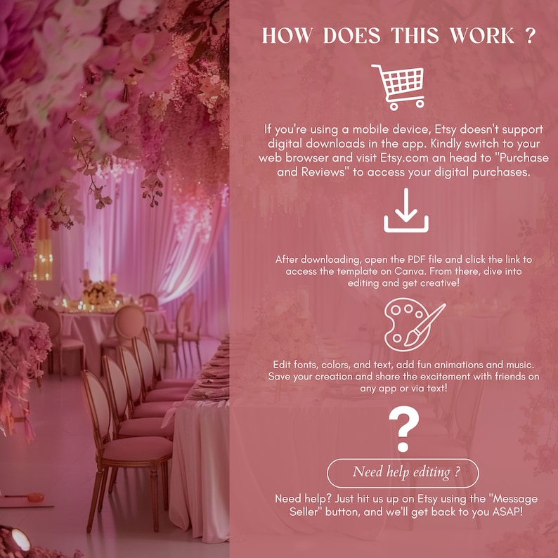 May include: A pink and white floral backdrop with a table set for a wedding reception. Text on the image explains how to access and edit a digital download. The text includes the words "How Does This Work?", "Purchase and Reviews", "Canva", "Edit fonts, colors, and text", "Need help editing?", and "Message Seller".