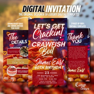 May include: Digital invitation for a Crawfish Boil birthday party. The invitation includes details, date, time, and what to bring. The design features crawfish, text, and a thank you message. The invitation is for James Earl's 40th birthday.