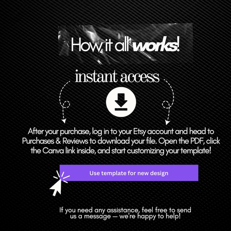 May include: A graphic with the text "How it all works!" and "instant access." Instructions are provided for downloading and customizing a template. A purple button reads "Use template for new design."