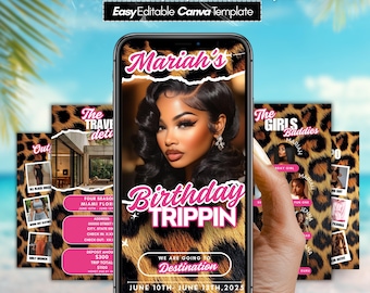 Birthday Trippin Invitation, Trip Animated Vacation Itinerary,  Schedule Pink Leopard Weekend Schedule Evite, Travel Party Planner Template
