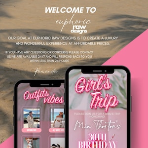 Puede incluir: Una pantalla de tel&eacute;fono m&oacute;vil rosa y blanca con el texto "Girl's Trip" en letras de burbuja rosas. El texto "Por favor, &uacute;nase a nosotros para un viaje de chicas en honor al 30 cumplea&ntilde;os de Mia Thorton" tambi&eacute;n est&aacute; en la pantalla.