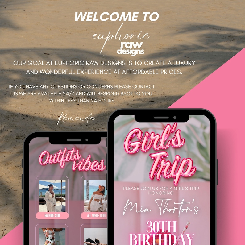 Puede incluir: Una pantalla de tel&eacute;fono m&oacute;vil rosa y blanca con el texto "Girl's Trip" en letras de burbuja rosas. El texto "Por favor, &uacute;nase a nosotros para un viaje de chicas en honor al 30 cumplea&ntilde;os de Mia Thorton" tambi&eacute;n est&aacute; en la pantalla.