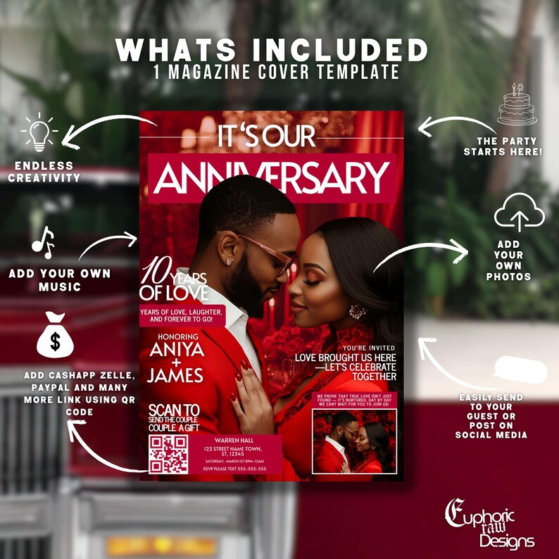 May include: A magazine cover template in red and white, with the headline "It's Our Anniversary." The design includes a photograph of a couple and details for an anniversary celebration. Features include options to add photos, music, and a QR code for gifts.