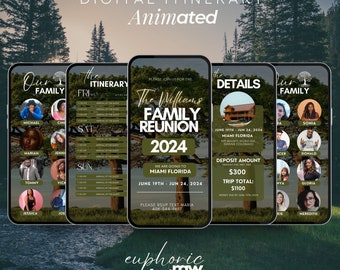 Digital Family Reunion Itinerary, Family Tree, High School Class Reunion, Weekend Getaway, Road Trip, Pricing list, Schedule Planner