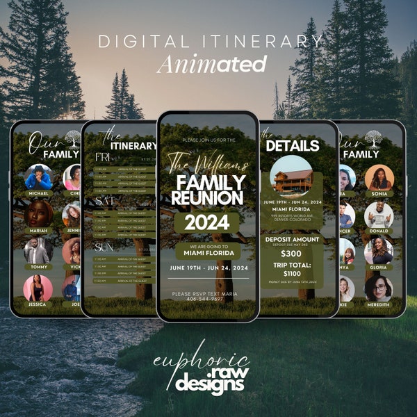 Digital Family Reunion Itinerary, Family Tree, High School Class Reunion, Weekend Getaway, Road Trip, Pricing list, Schedule Planner