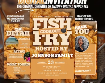 Puede incluir: Una invitación digital para una comida de pescado frito. La invitación está en un esquema de color amarillo y naranja con una imagen de pescado frito. El texto de la invitación dice "Fish Fry Cookout Hosted by Johnson Family" e incluye la fecha, la hora y la ubicación del evento. La invitación también incluye un mensaje de agradecimiento del anfitrión.