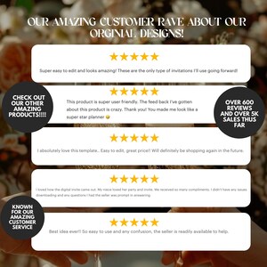May include: Five-star customer reviews for digital invitations. The reviews highlight the ease of editing, the quality of the product, and the excellent customer service. The text includes "Over 600 reviews and over 5k sales thus far".